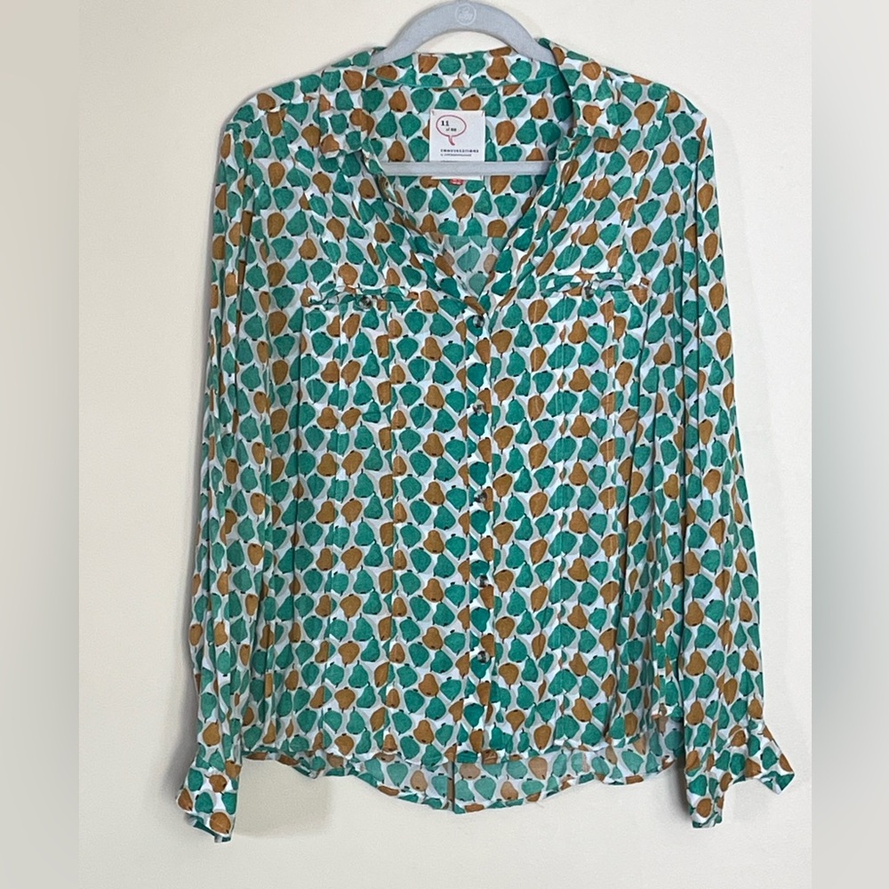 Anthropologie Teal Green and Mustard Printed Button-Down Blouse
